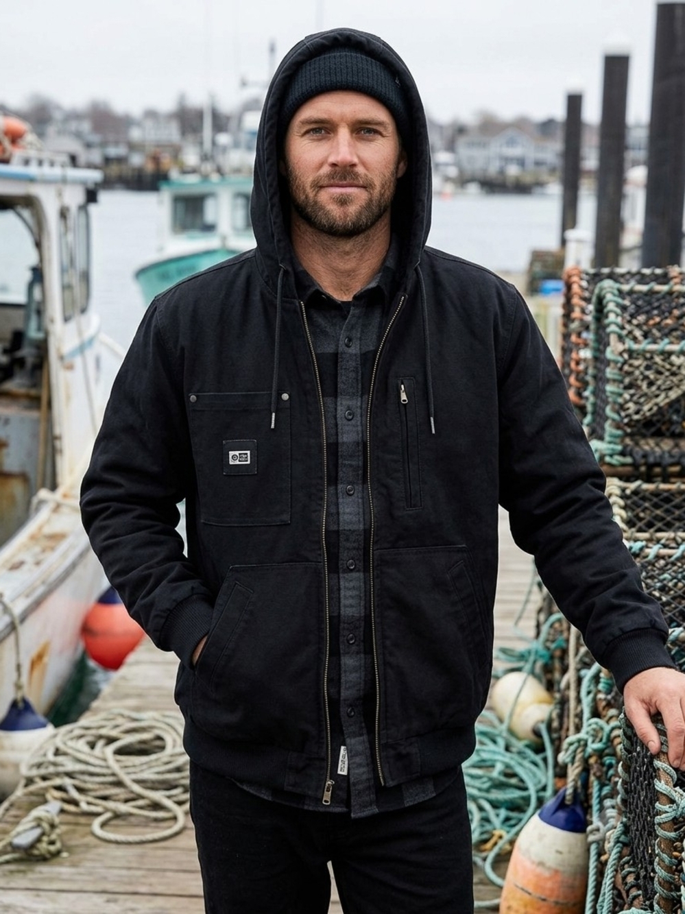 Salty Crew Mens Canvas Hooded Work Jacket Black Size L Large EUC